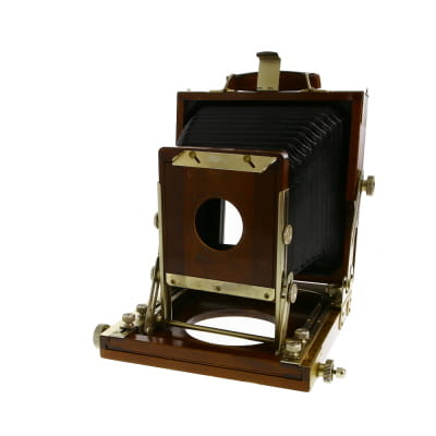 (none) 4x5 Wood Folding View Camera with Brass Colored Fittings, Rotatable Spring Back